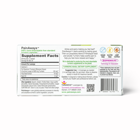 Pain Aways turmeric lozenges three strip box packaging